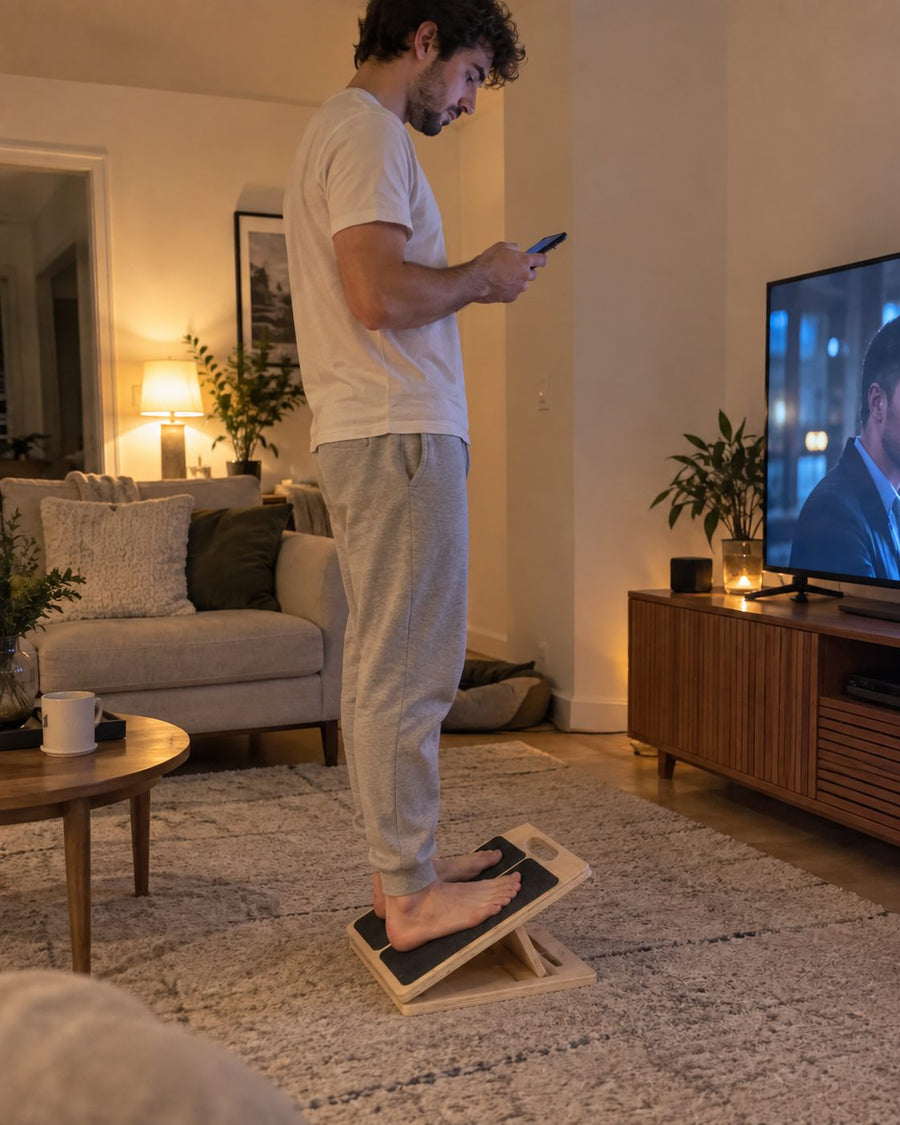 Quelqu'un debout sur la planche, dans un salon, devant la télévision