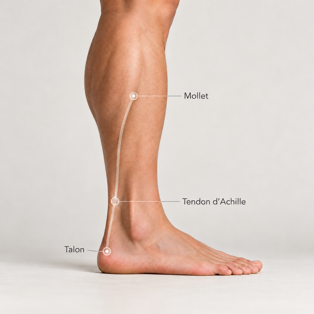 La plante du pied, le tendon d'Achille et le mollet, reliés en une seule chaîne