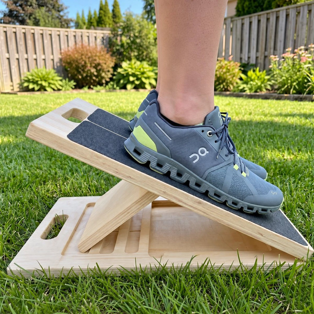 Un pied posé sur la planche d'étirement MOVEX, la pente visible de profil