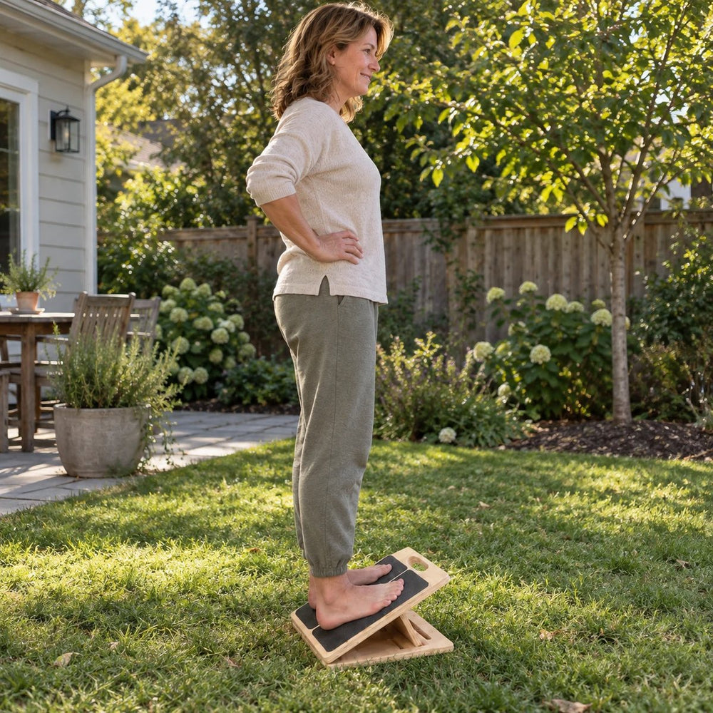 Une femme debout pieds nus sur la planche d'étirement MOVEX, dans un jardin